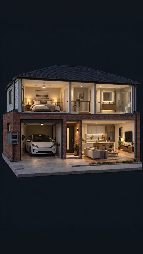 A two-storey brick house at night with every room lit