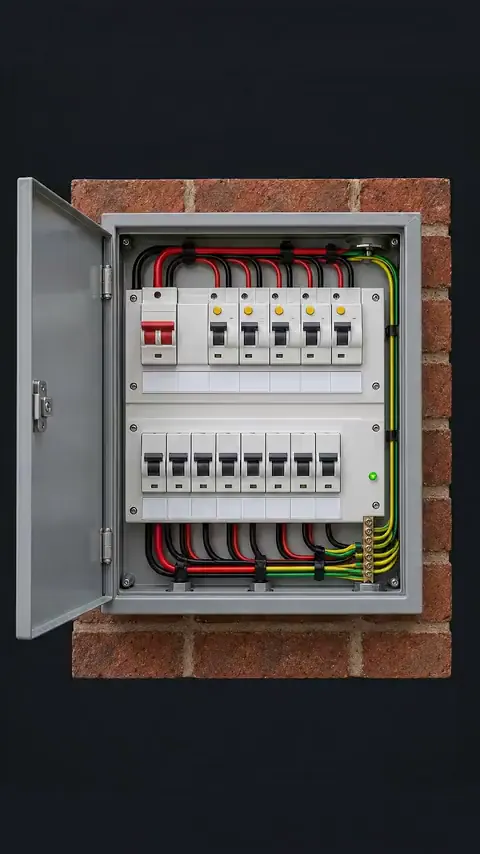 A new switchboard in a grey metal enclosure on a brick wall